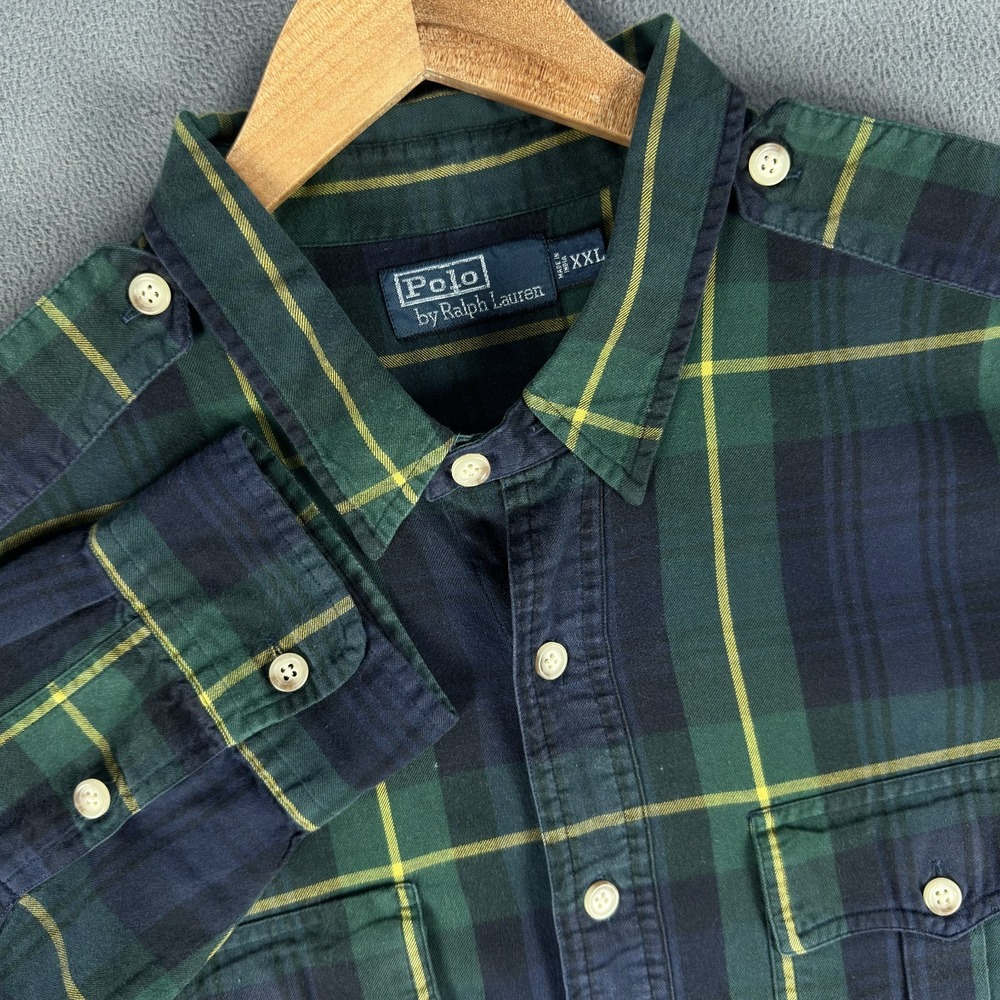 Polo Ralph Lauren Shirt 2XL Blue Green Tartan Work Pockets Epaulet Safari 90s